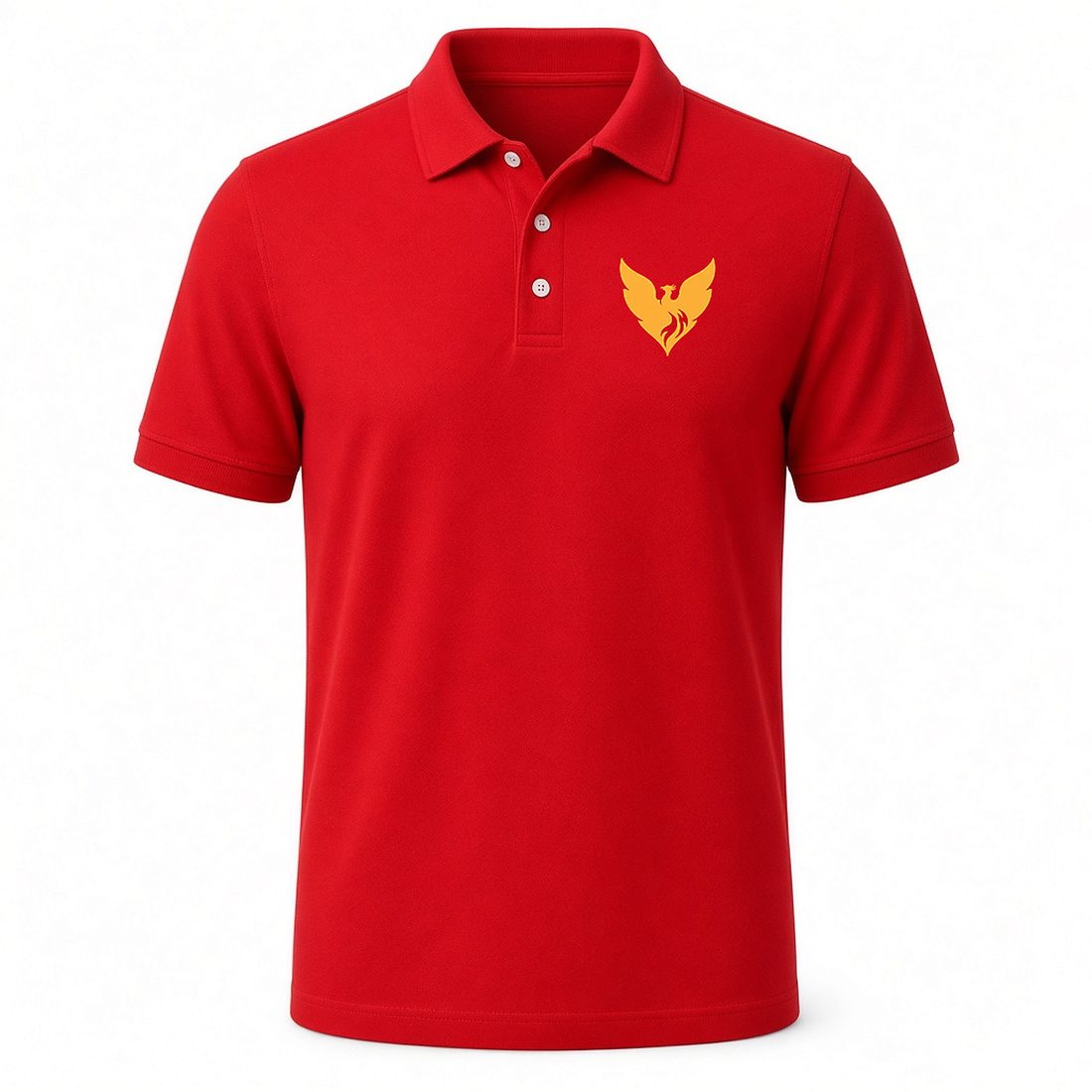 Red Sigma Upsilon Mu polo with official phoenix left-chest mark