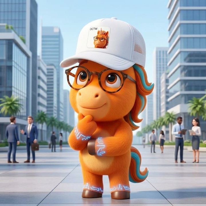 OC Tech Week orange unicorn mascot wearing a white trucker hat with an OCTW mascot patch, in a city plaza