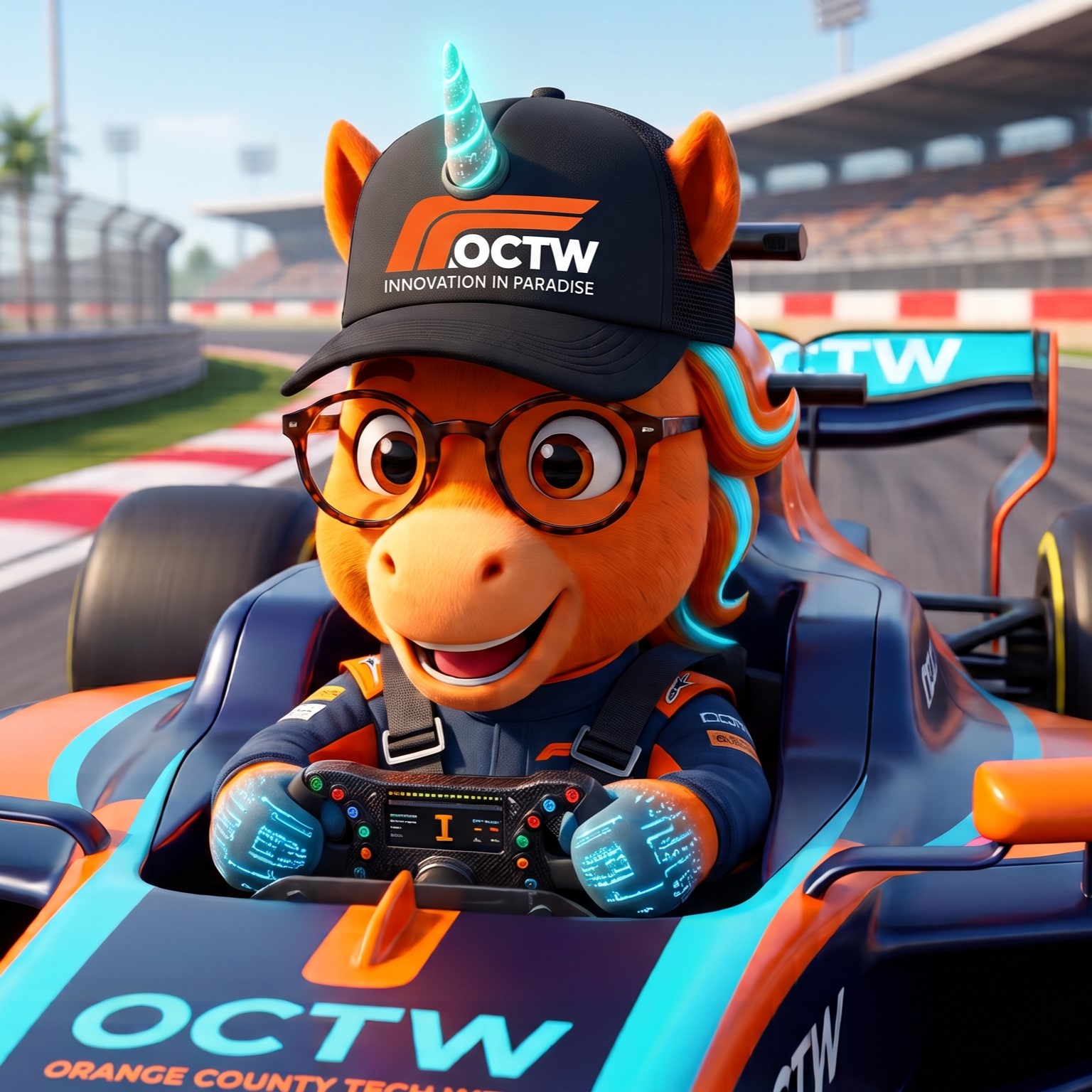 OC Tech Week orange unicorn mascot in a race car wearing a black OCTW Innovation in Paradise trucker hat