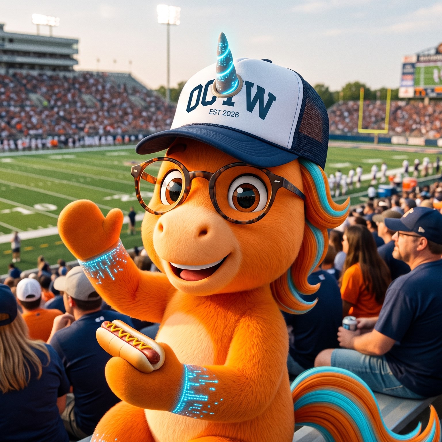OC Tech Week orange unicorn mascot wearing a white and navy OCTW Est. 2026 trucker hat at a football stadium