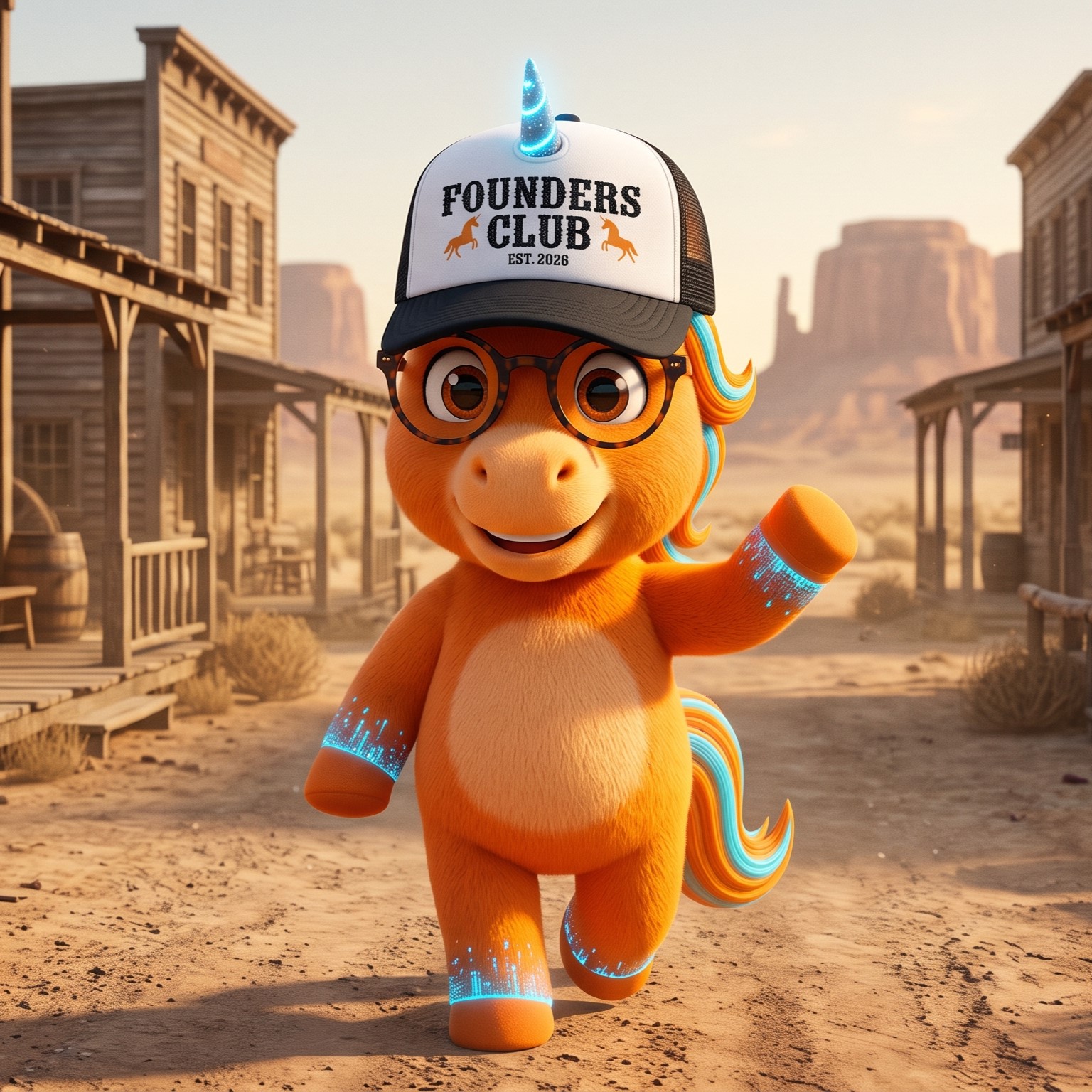 OC Tech Week orange unicorn mascot wearing a white and black mesh Founders Club Est. 2026 trucker hat in a western town