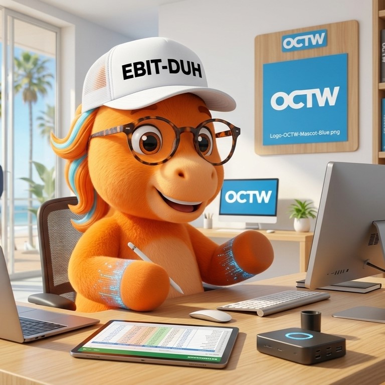 OC Tech Week orange unicorn mascot wearing a white trucker hat that says EBIT-DUH, at an office desk